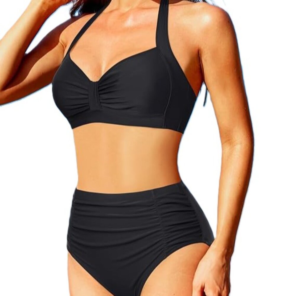 PIN UP GIRL Retro High‎ Waisted Tummy Control Bikini Set Black NEW Large